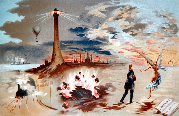 Fremgang gjennom nye oppfinnelser gjennom historien (farge litho) av George de Mare