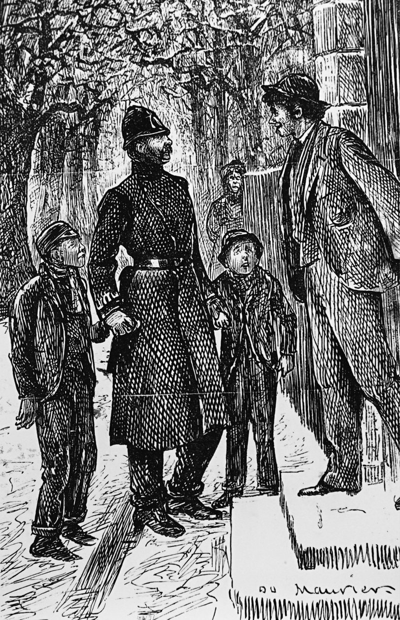 En politimann fra London presenterer to gate-arabere for mannen foran hvis dørstokk de har sklit på isen av George du Maurier