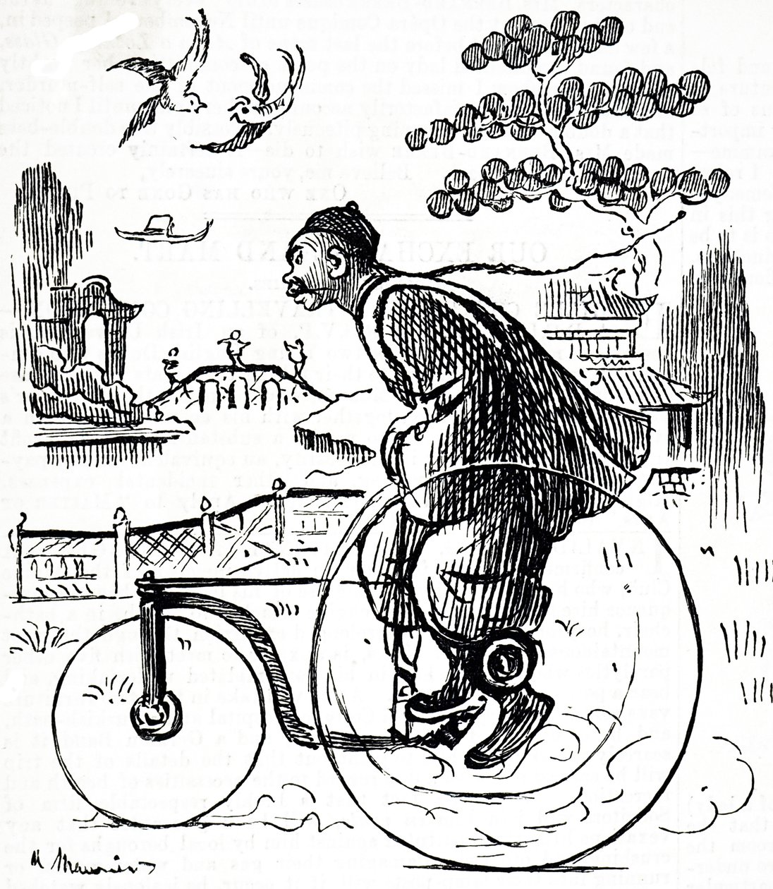 En tegneserie som viser en kinesisk mann som sykler på en trehjulssykkel gjennom en park i Kina. Illustrert George du Maurier (1834-1896), en fransk-britisk tegneserieskaper og forfatter av George du Maurier