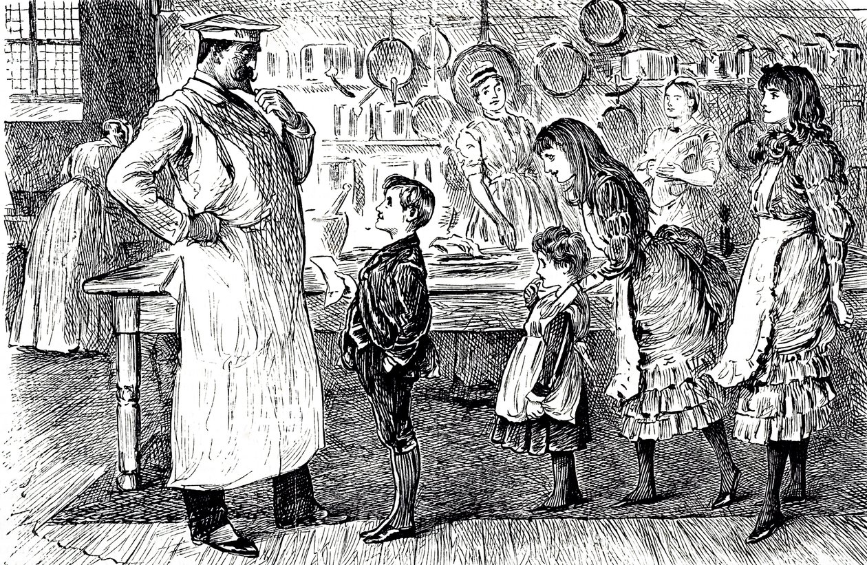 En tegneserie som viser en kokk som tar bestillinger fra barna i huset. Illustrert av George du Maurier (1834-1896), en fransk-britisk tegneserieskaper og forfatter av George du Maurier