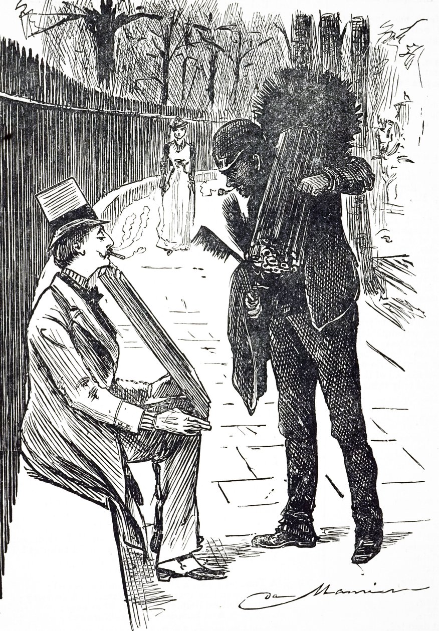 En tegneserie som viser en skorsteinsfeier som bærer børstene hans gjennom Londons gater. Illustrert av George du Maurier (1834-1896), en fransk-britisk tegneserieskaper og forfatter av George du Maurier