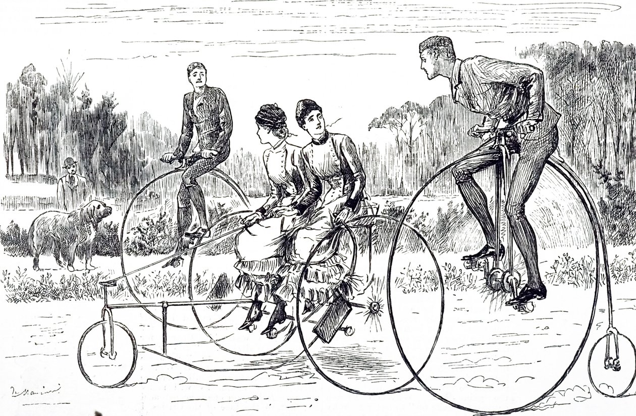 En tegneserie som viser en gruppe unge mennesker som sykler på trehjulssykkel. Illustrert George du Maurier (1834-1896), en fransk-britisk tegneserieskaper og forfatter av George du Maurier