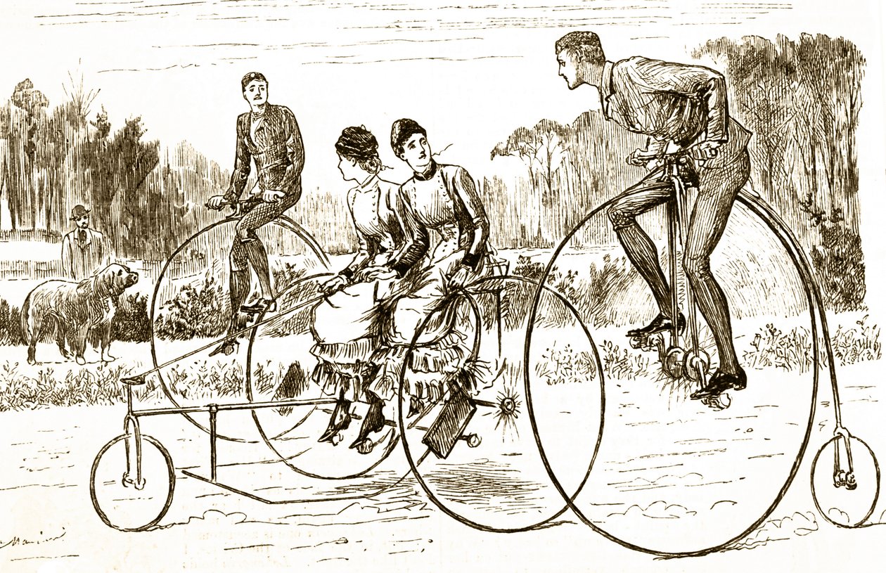 En tegneserie som viser en gruppe unge mennesker som sykler på trehjulssykkel. Illustrert George du Maurier (1834-1896), en fransk-britisk tegneserieskaper og forfatter av George du Maurier