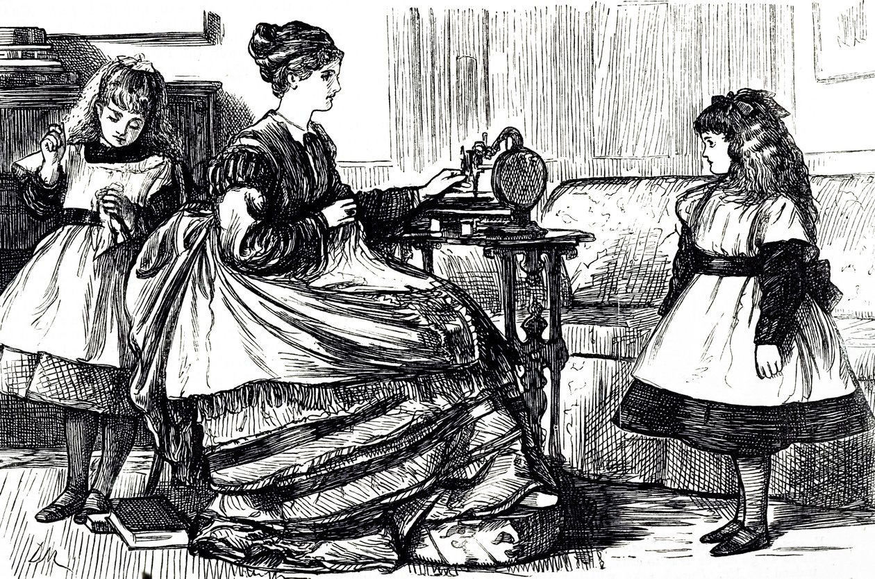 En tegneserie som viser en ung mor som bruker en symaskin. Illustrert av George du Maurier (1834-1896), en fransk-britisk tegneserieskaper og forfatter av George du Maurier
