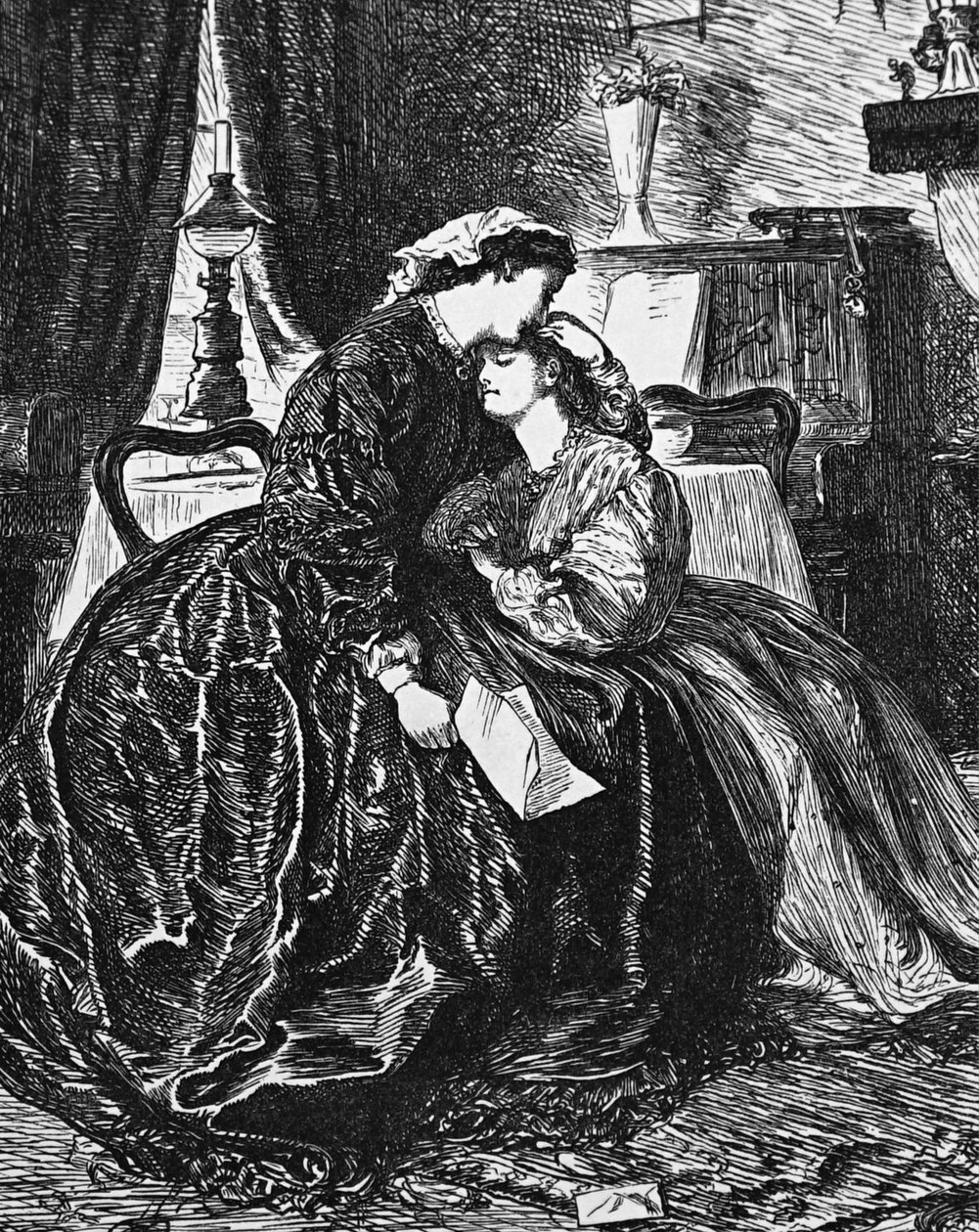 En mor og datter mottar nyheter om ektemannens/farens alvorlige sykdom av George du Maurier