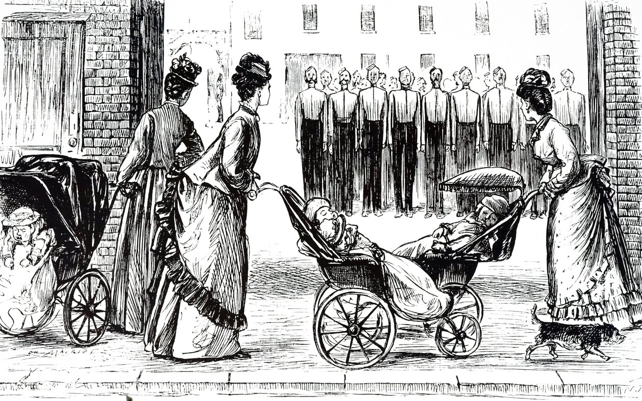 En gravering som viser sykepikere som kjører barn i perambulasjoner. Illustrert av George du Maurier (1834-1896), en fransk-britisk tegneserieskaper og forfatter av George du Maurier