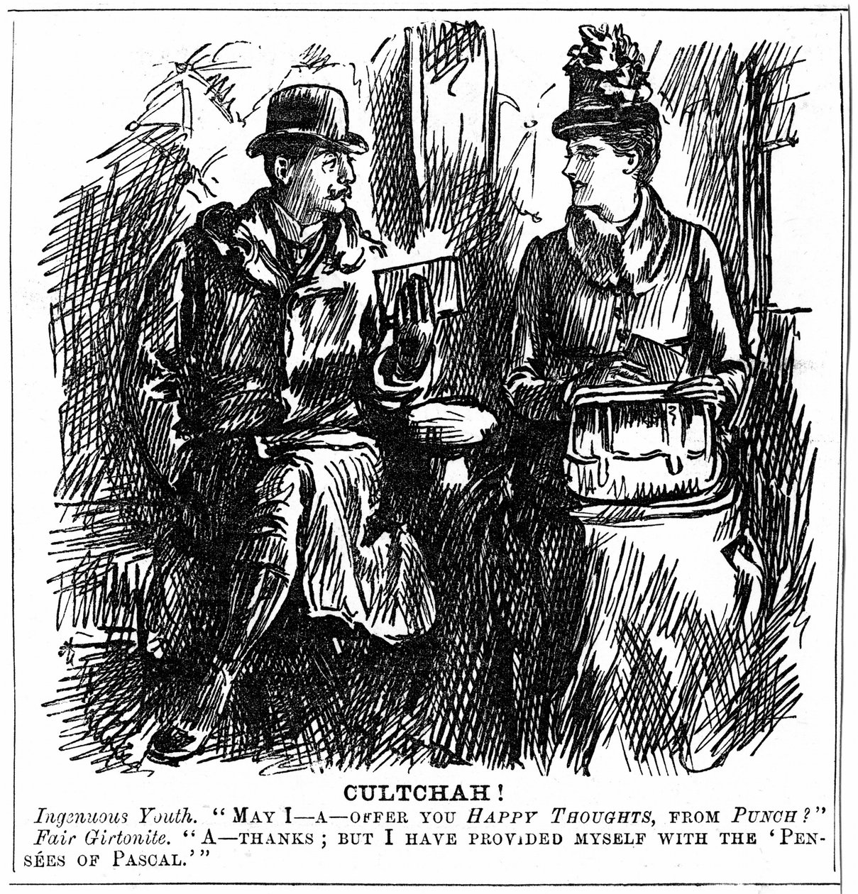 Fordeler med universitetsutdanning for kvinner. George du Maurier tegneserie fra Punch London 8. desember 1887. Ung mann i jernbanevogn tilbyr utdannet fra Girton, Cambridge, litt lett lesning for reisen. Hun avslår grasiøst ettersom hun har utstyrt henne av George du Maurier