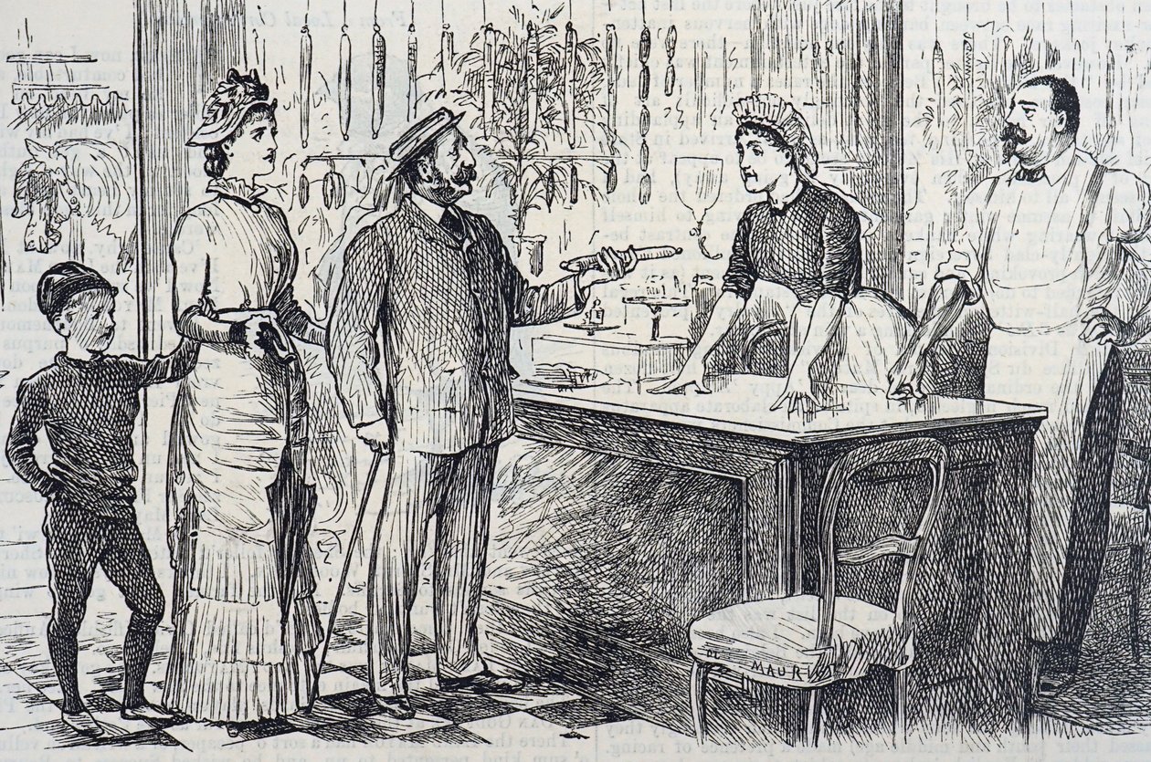 Tegneserie som kommenterer den gjennomsnittlige engelskmannens vaklende forståelse av det metriske systemet av George du Maurier