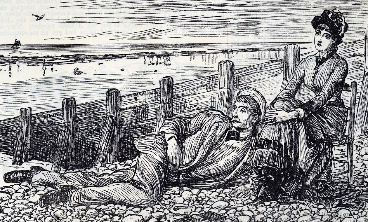 Tegneserie som viser et par som nyter bryllupsreisen på en rullesteinstrand av George du Maurier