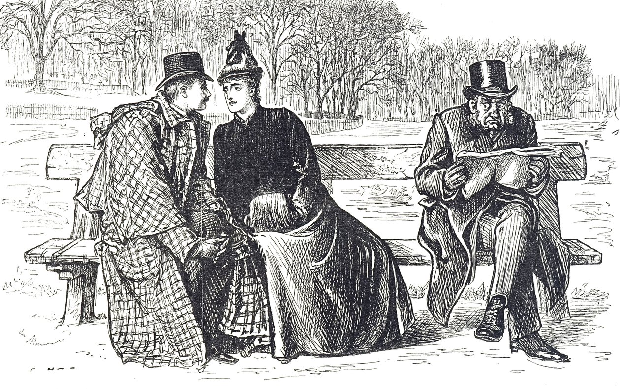 Tegneserie som viser et par som utveksler kjærlighet på parkbenken, mens mannen ved siden av ser på med misbilligelse av George du Maurier