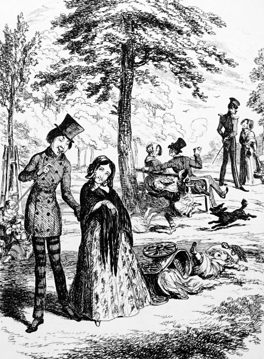 Tegneserie som viser en hushjelp som går med sin elsker av George du Maurier (1834-1896), en fransk-britisk tegneserieskaper og forfatter av George du Maurier