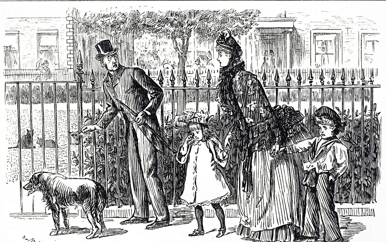 Tegneserie som viser en familie som går i gatene i det viktorianske London av George du Maurier