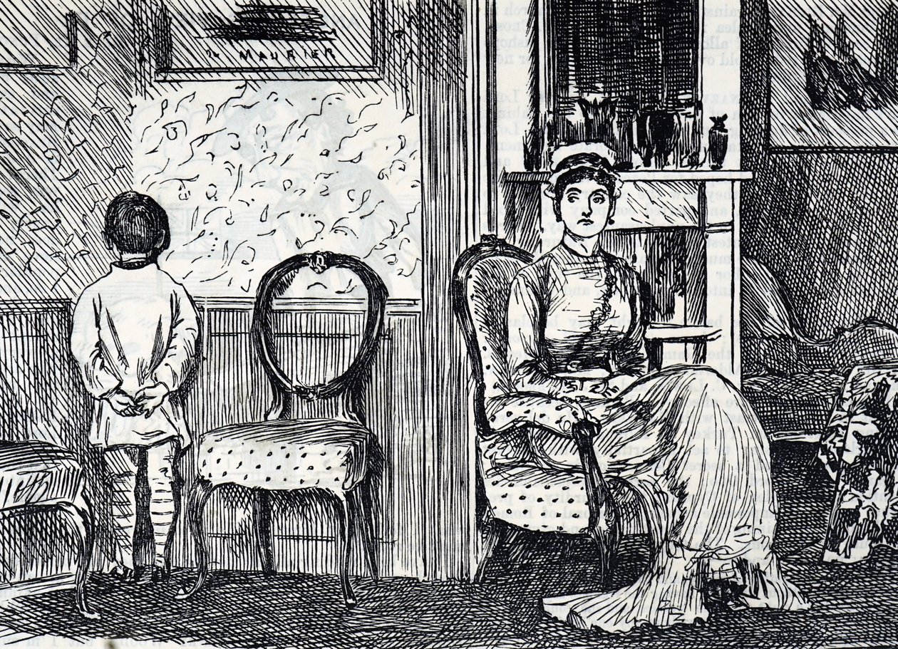 Tegneserie som viser en mor som straffer sønnen sin ved å få ham til å stå vendt mot veggen av George du Maurier