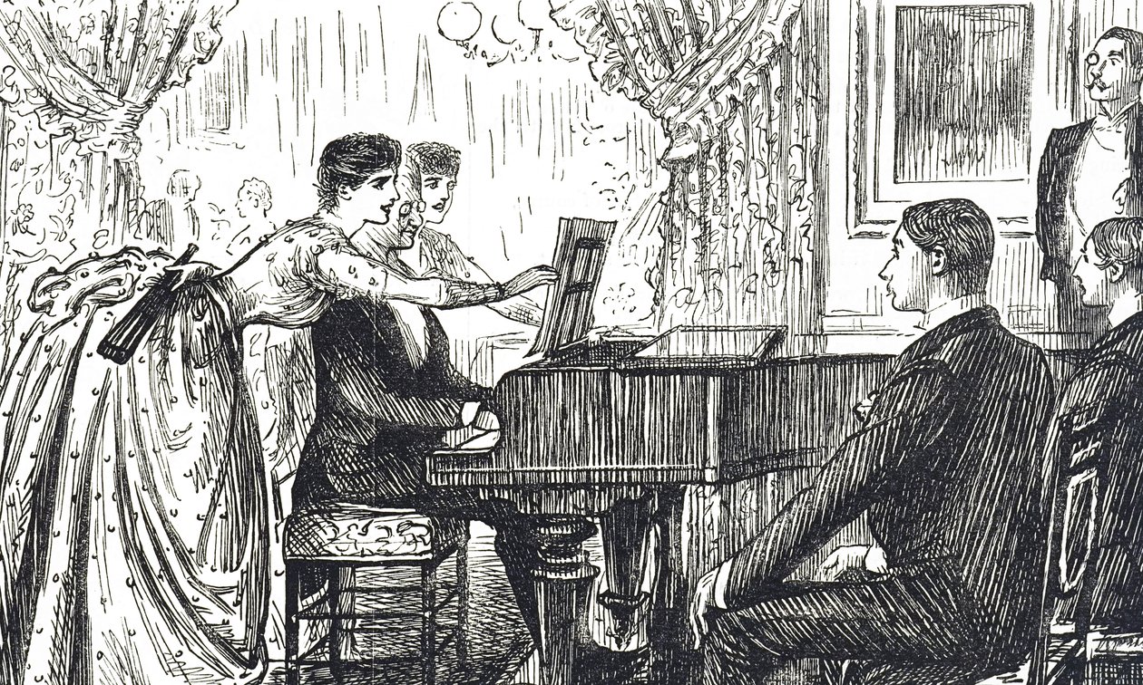Tegneserie som viser en musikalsk kveld hjemme av George du Maurier