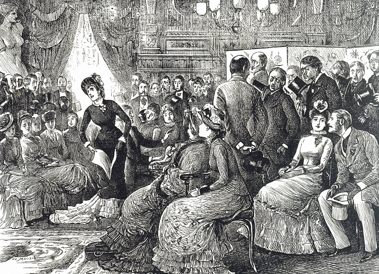 Tegneserie som viser en typisk stuekonsert av George du Maurier