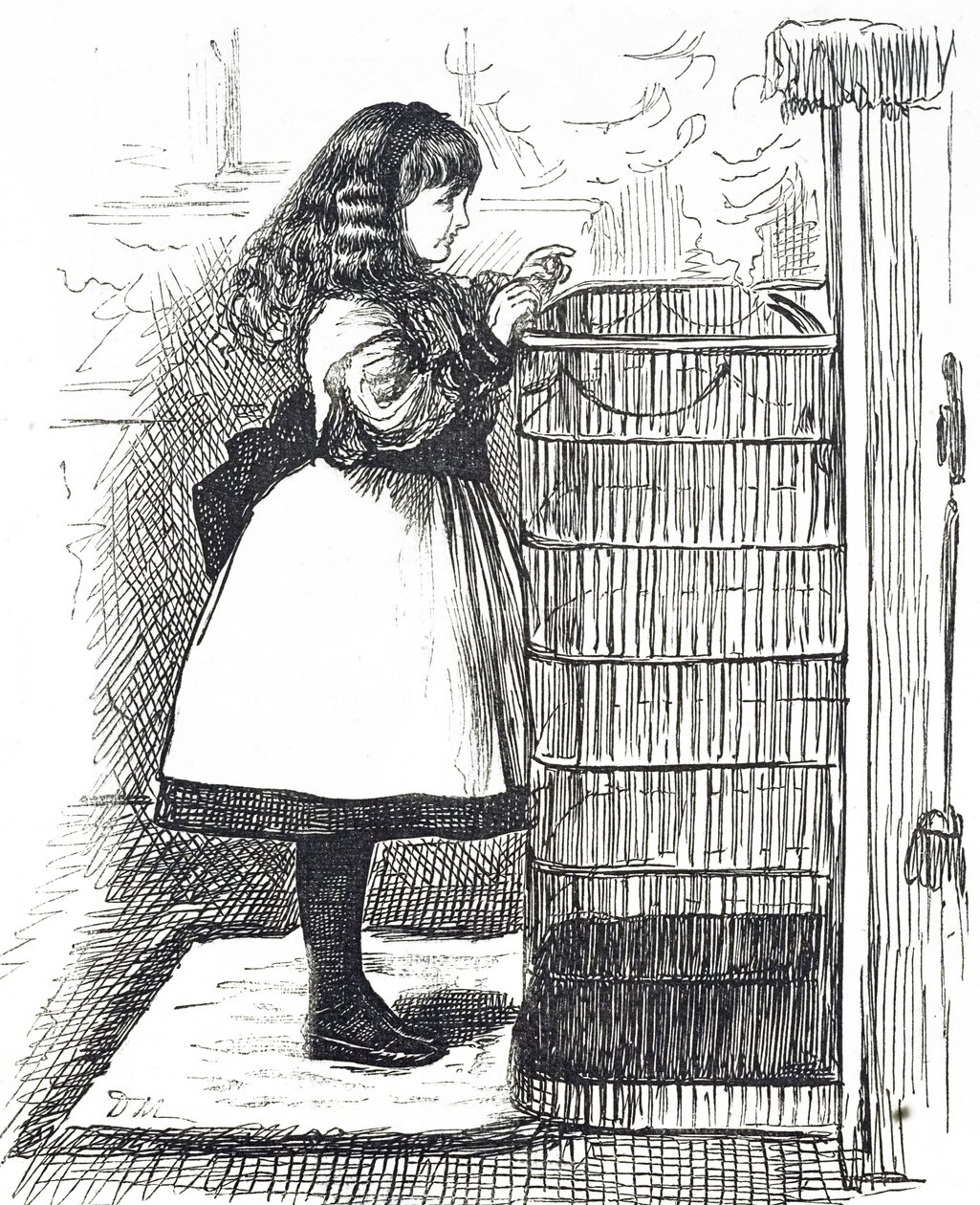 Tegneserie som viser en ung jente som står foran en stor brannvakt av George du Maurier