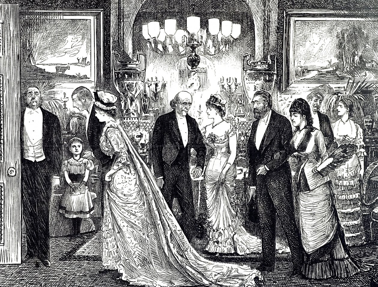 Tegneserie som viser en elegant soirée i et viktoriansk hjem av George du Maurier