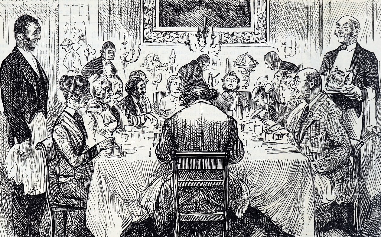 Tegneserie som viser en elegant soirée i et viktoriansk hjem av George du Maurier