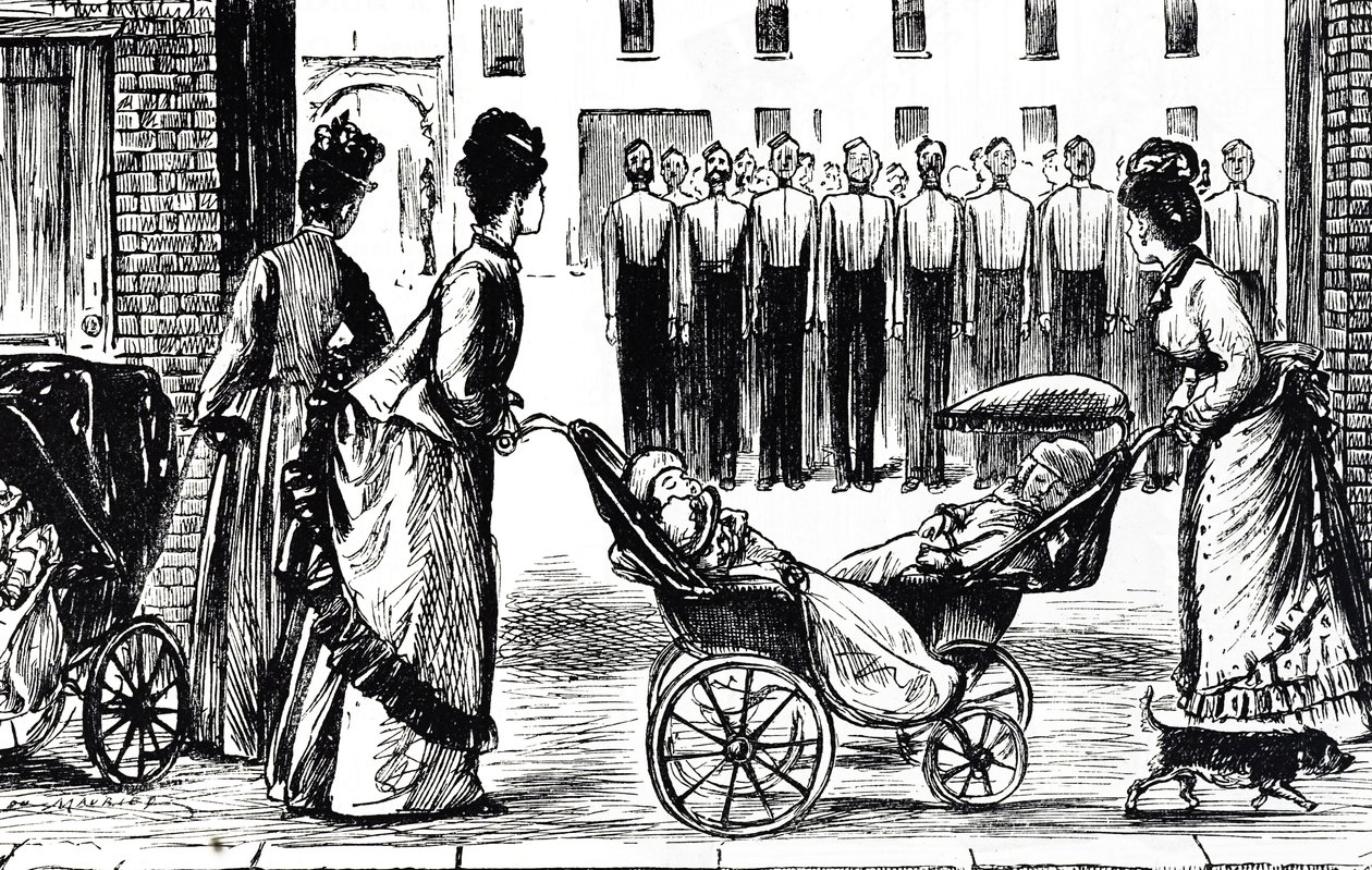Tegneserie som viser barnepiker som triller vognene sine forbi brakkene av George du Maurier