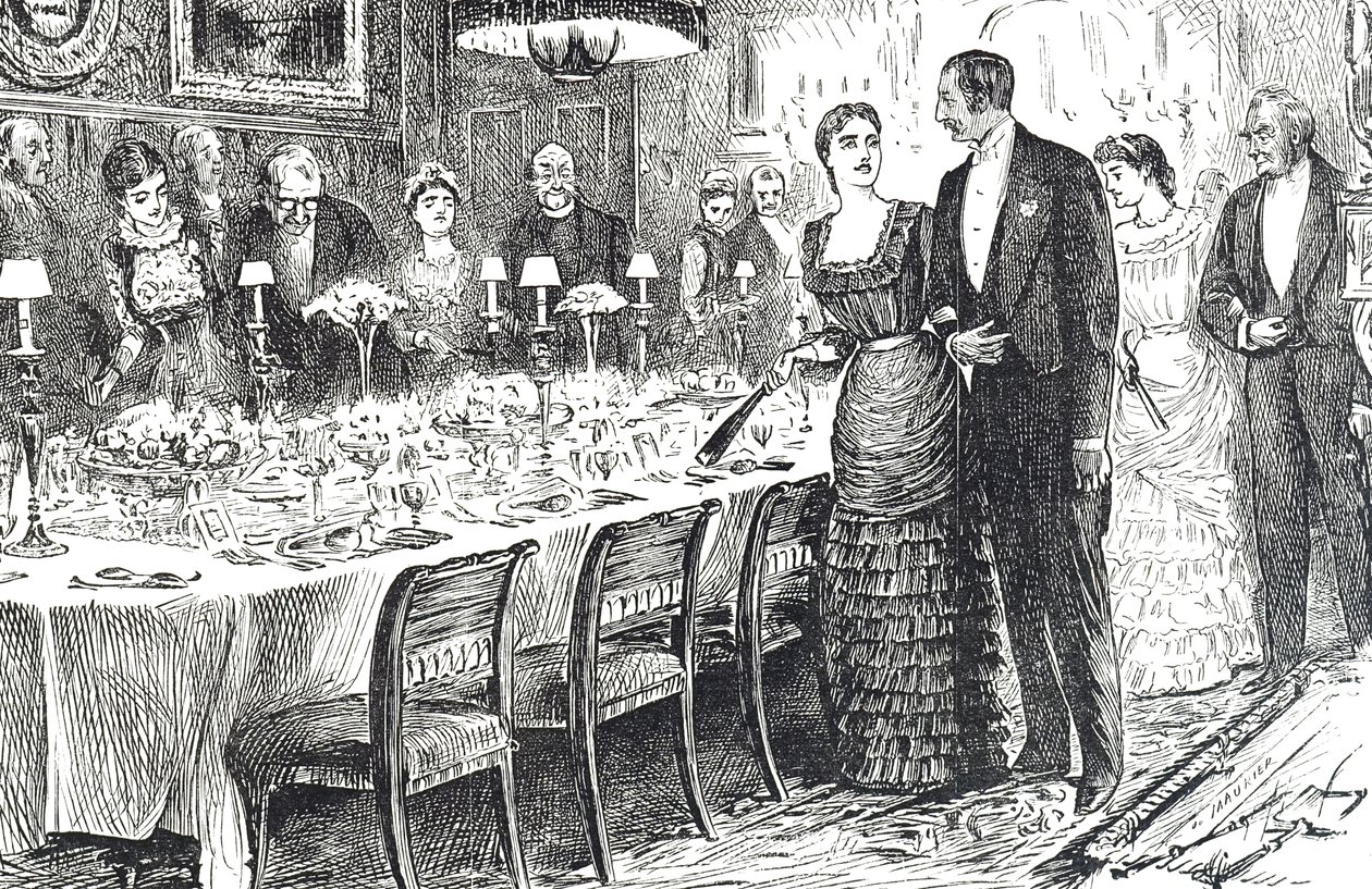 Tegneserie med tittelen "Going into Dinner" som viser et ungt par som kommer inn i en spisestue av George du Maurier