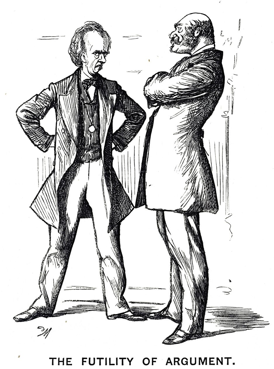 Tegneserie med tittelen "The Phrenology Argument - Again" med bildeteksten "The Futility of Argument" av George du Maurier