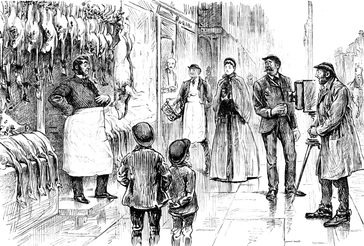 Gravering som viser en slakter og høvler som blir fotografert foran juleutstillingen hans av George du Maurier. George du Maurier (1834-1896), en fransk-britisk tegneserieskaper og forfatter. Datert 1800-tallet ©UIG/Leemage av George du Maurier