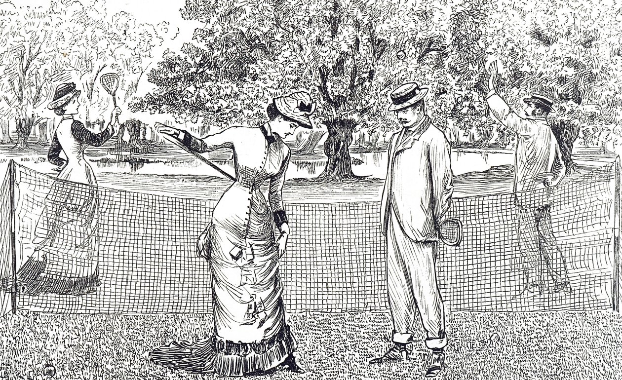 Gravering som viser en kvinnelig tennisspiller i ubehag på grunn av hennes nye gummisko av George du Maurier