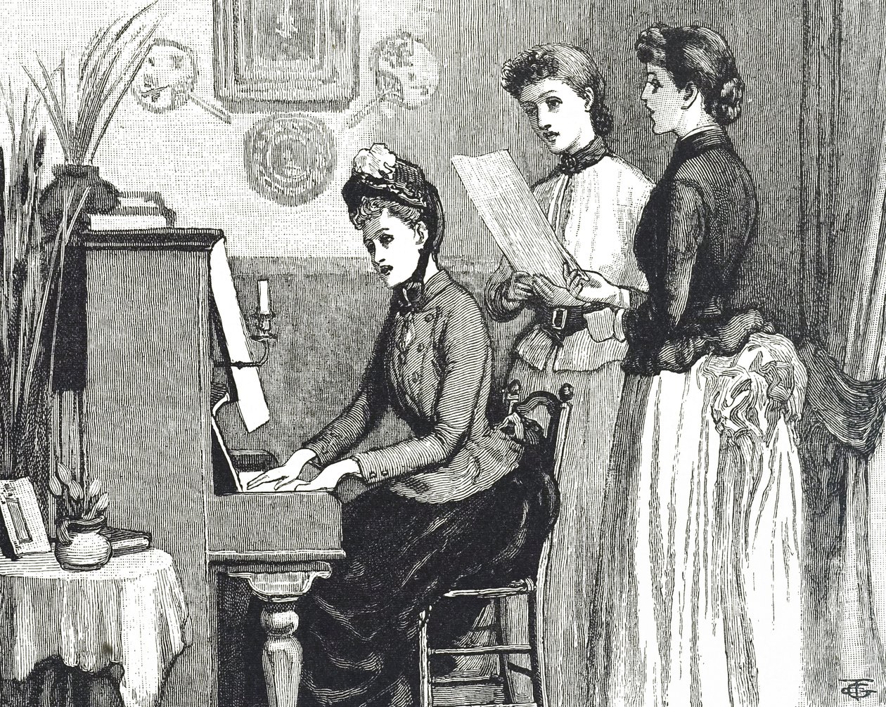 Gravering som viser unge damer som synger i salongen av George du Maurier