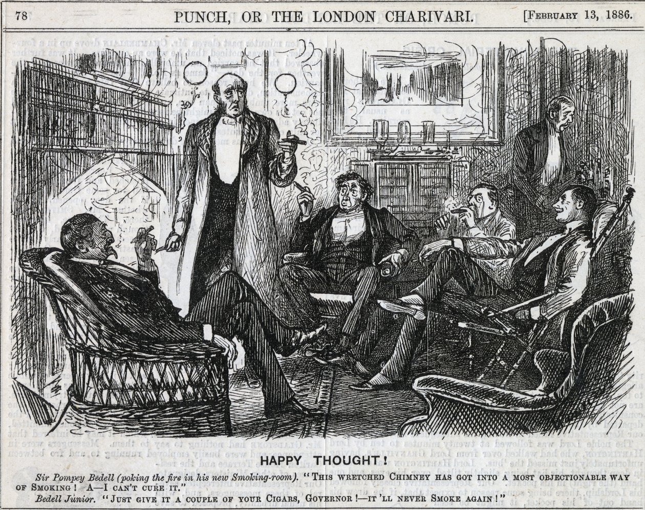 Herrer samlet seg i røykerommet og røykte sigarene sine etter middagen. George du Maurier tegneserie fra ''Punch'', London 1886. av George du Maurier