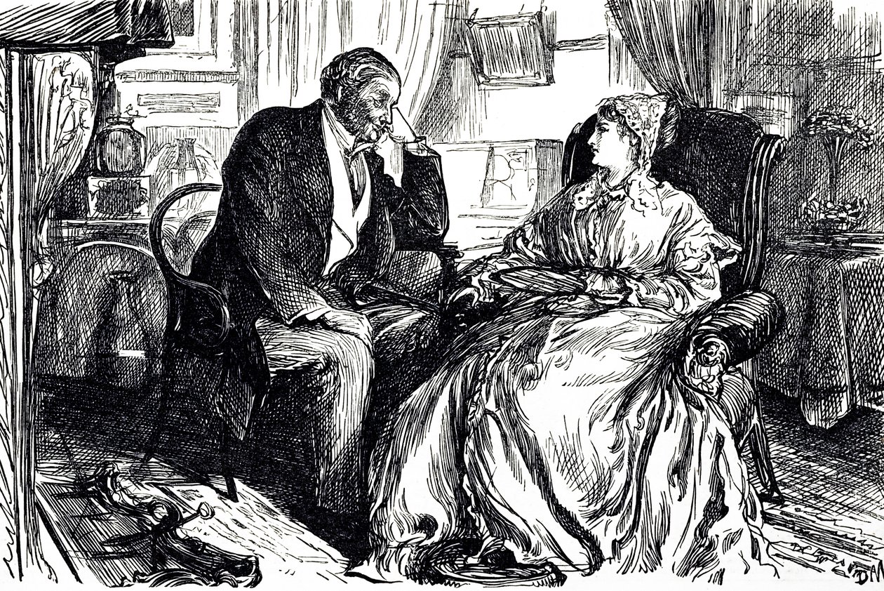 Georges du Maurier tegneserie som illustrerer en mann og kvinne i samtale om de beroligende fordelene med tran. England 1869 av George du Maurier