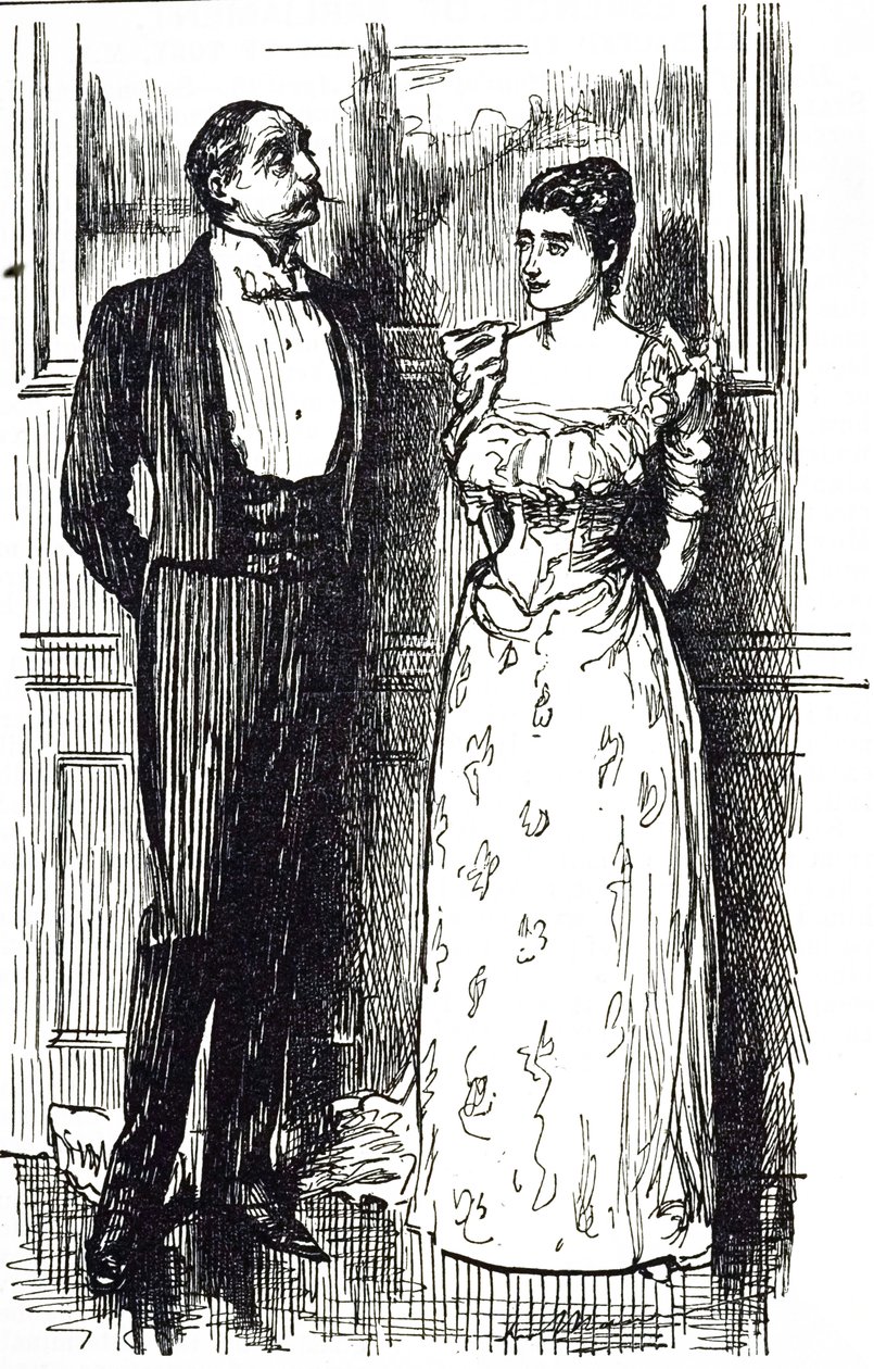 Georges du Maurier tegneserie som illustrerer en mann og kvinne i samtale ved et samfunnsarrangement, England 1891 av George du Maurier