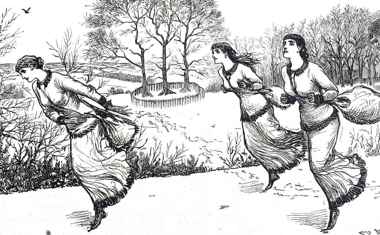 Illustrasjon som viser jenter som setter sporet for hare og hunder av George du Maurier
