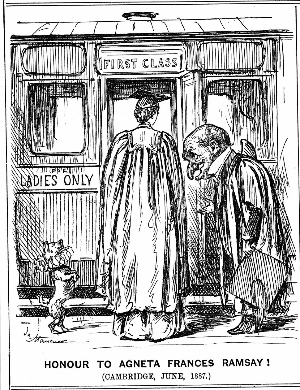 Mr Punch bøyer seg for Agneta Frances Ramsay som satt og bestod med førsteklasses utmerkelser, papirene satt, men kunne ikke motta en grad da Cambridge ikke ga dem til kvinner på dette tidspunktet. George du Maurier tegneserie fra Punch, London, 2. juli 18 av George du Maurier