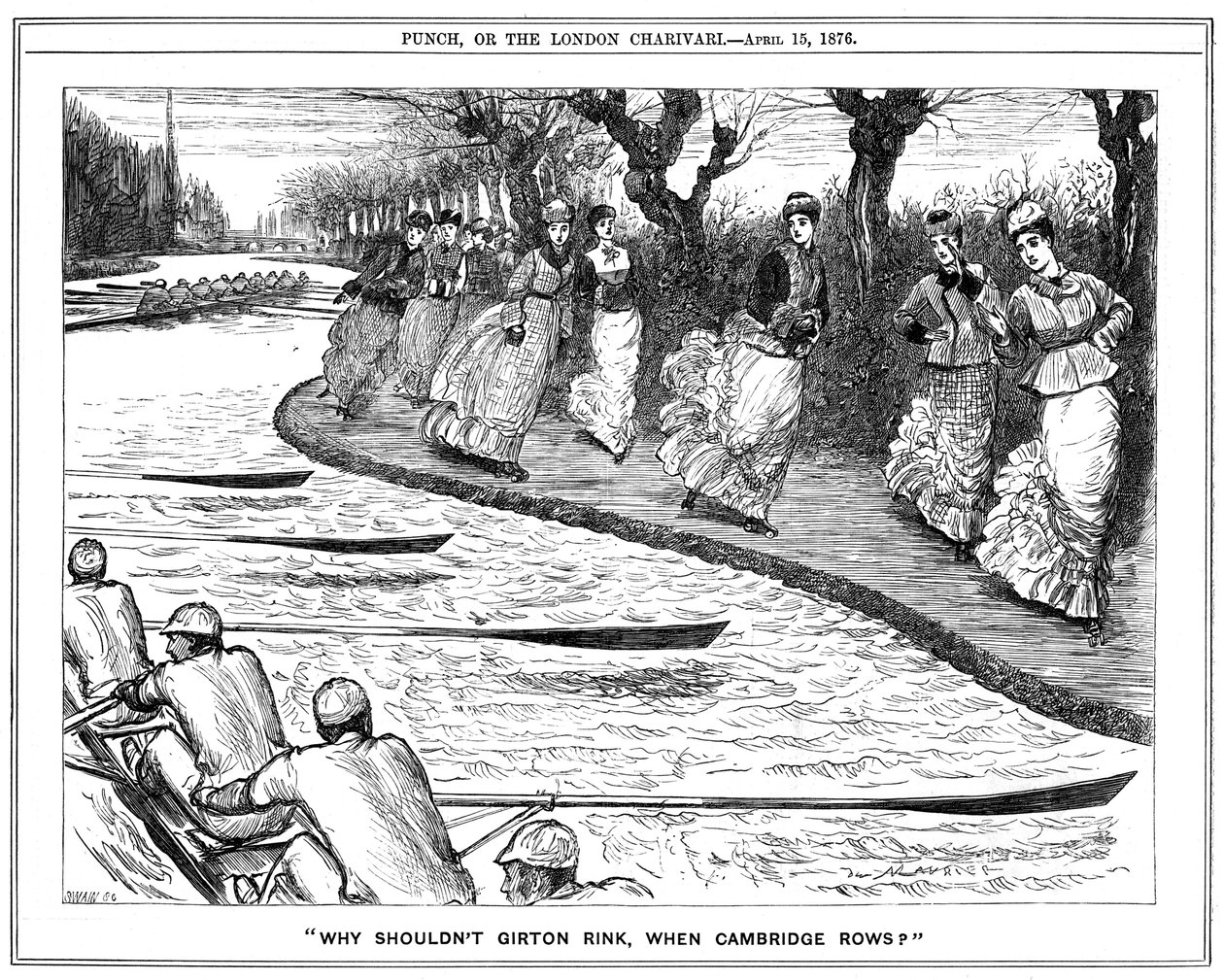 Rulleskøyter veldig mye på moten. Damestudenter fra Girton på trekkstien vinker til roere som ror på elven. George du Maurier tegneserie fra Punch, London av George du Maurier