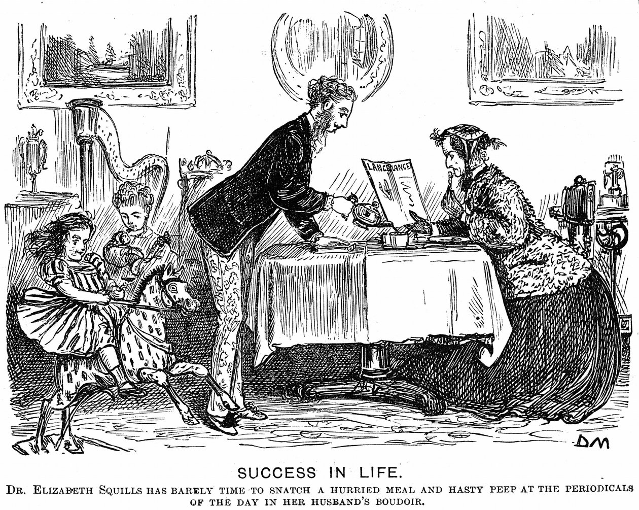 Suksess i livet: Rollevending og den moderne profesjonelle kvinnen. George du Maurier tegneserie for Punch Almanack for 1867. I 1865 fikk Elizabeth Garrett Anderson (1836-1917) lisens til å praktisere av Society of Apotecaries. av George du Maurier
