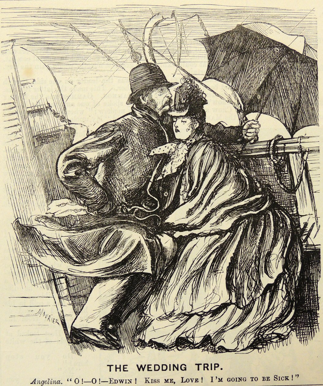 Bryllupsturen: Bryllupsreisepar som lider av sjøsyke mens de krysser Den engelske kanal. George du Maurier tegneserie fra 