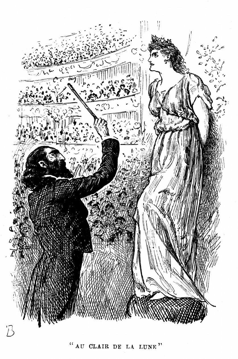 Trilby den tonedøve? som ikke kunne skille en C fra en F som holdt konsert under Svengalis hypnotiske påvirkning. Illustrasjon av George Du Maurier for sin roman Trilby, London av George du Maurier