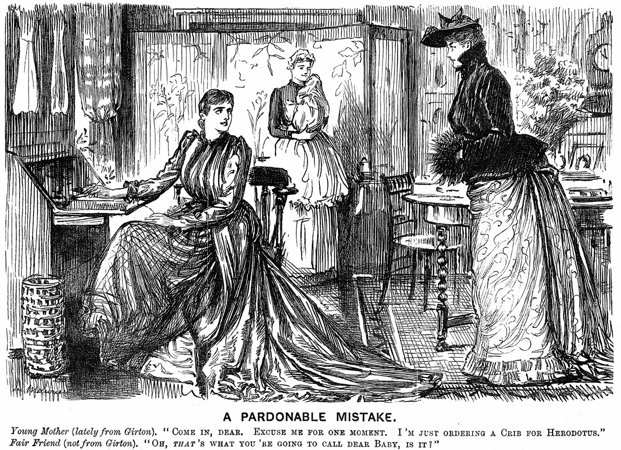 Universitetsutdanning for kvinner gjør samtalen forvirrende for sine mindre utdannede venner. George du Maurier tegneserie fra Punch London 7. desember 1889. Gravering av George du Maurier