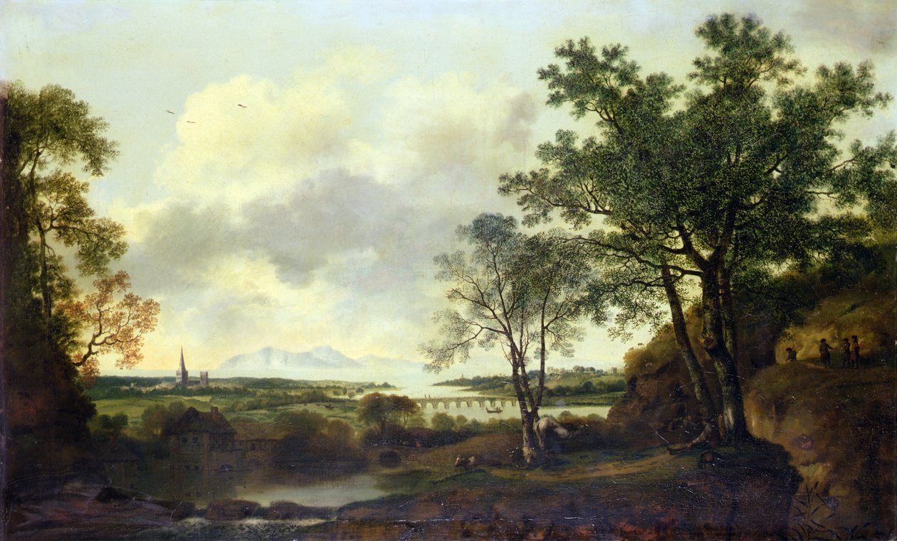 En capriccio-utsikt over Chichester, med figurer og storfe i forgrunnen av George of Chichester Smith