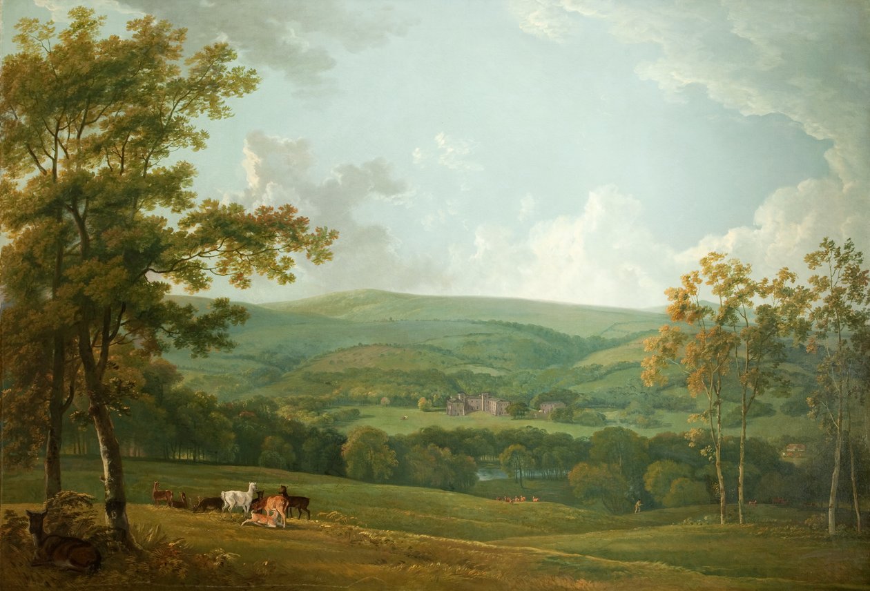 En fjern utsikt over Towneley Hall, ca. 1777 av George the Elder Barret