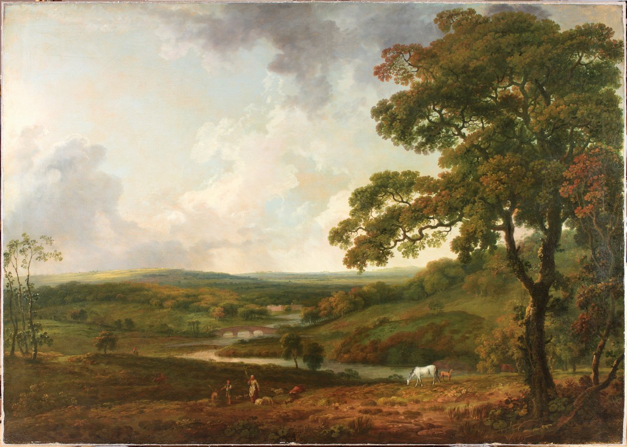 En utsikt i Welbeck Park med en svingete bekk (olje på lerret) av George the Elder Barret