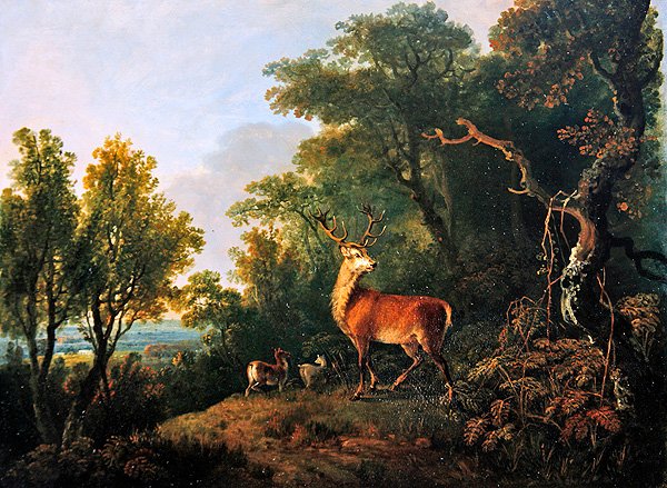 En hjort og tre hind i et skogkledd landskap (olje på panel) av George the Elder Barret