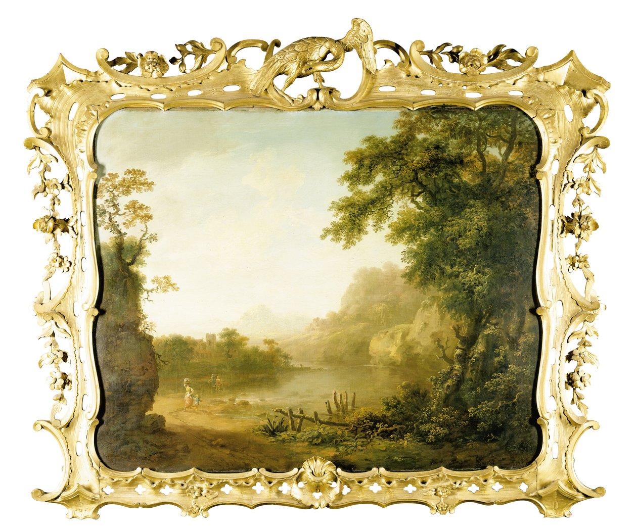 Et italiensk skogkledd elvelandskap med figurer i forgrunnen og en landsby utenfor, 1755 av George the Elder Barret