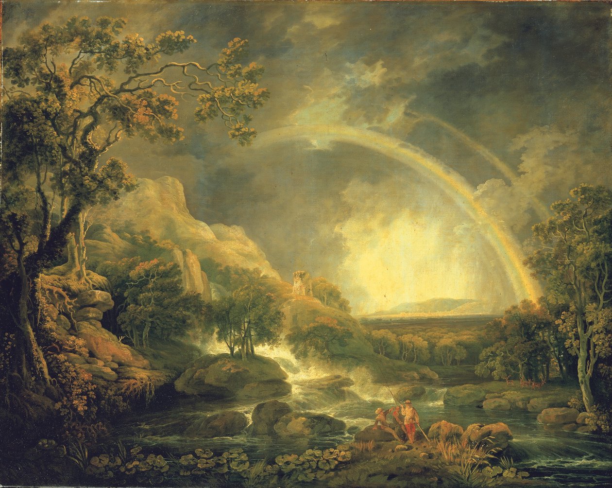 Omfattende skogkledd elvelandskap, med sportsfiskere ved siden av et basseng under en foss, og en regnbue av George the Elder Barret