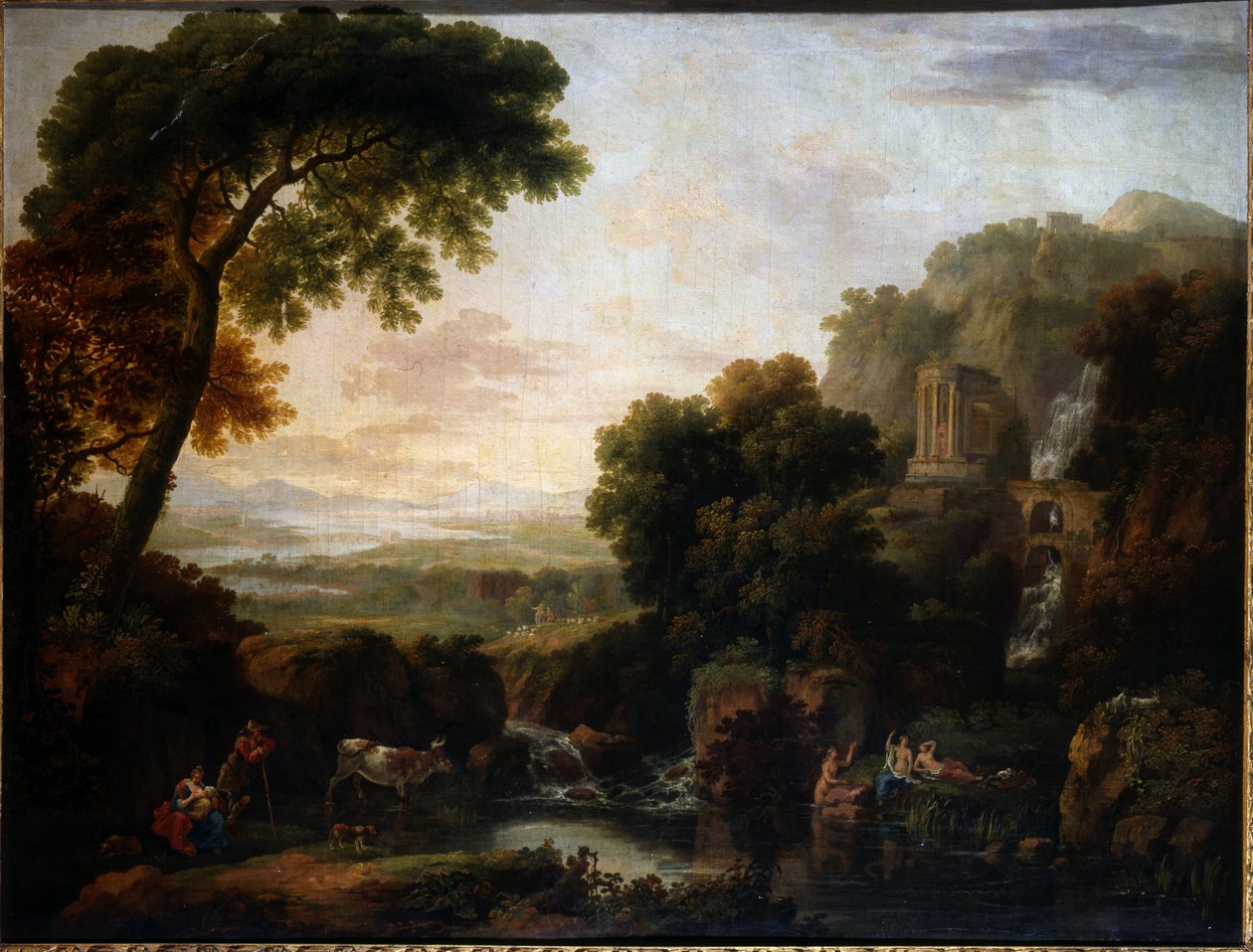 Italiensk landskap med en capriccio-utsikt over Tivoli, en gjeter og gjeterinne og storfe av George the Elder Barret