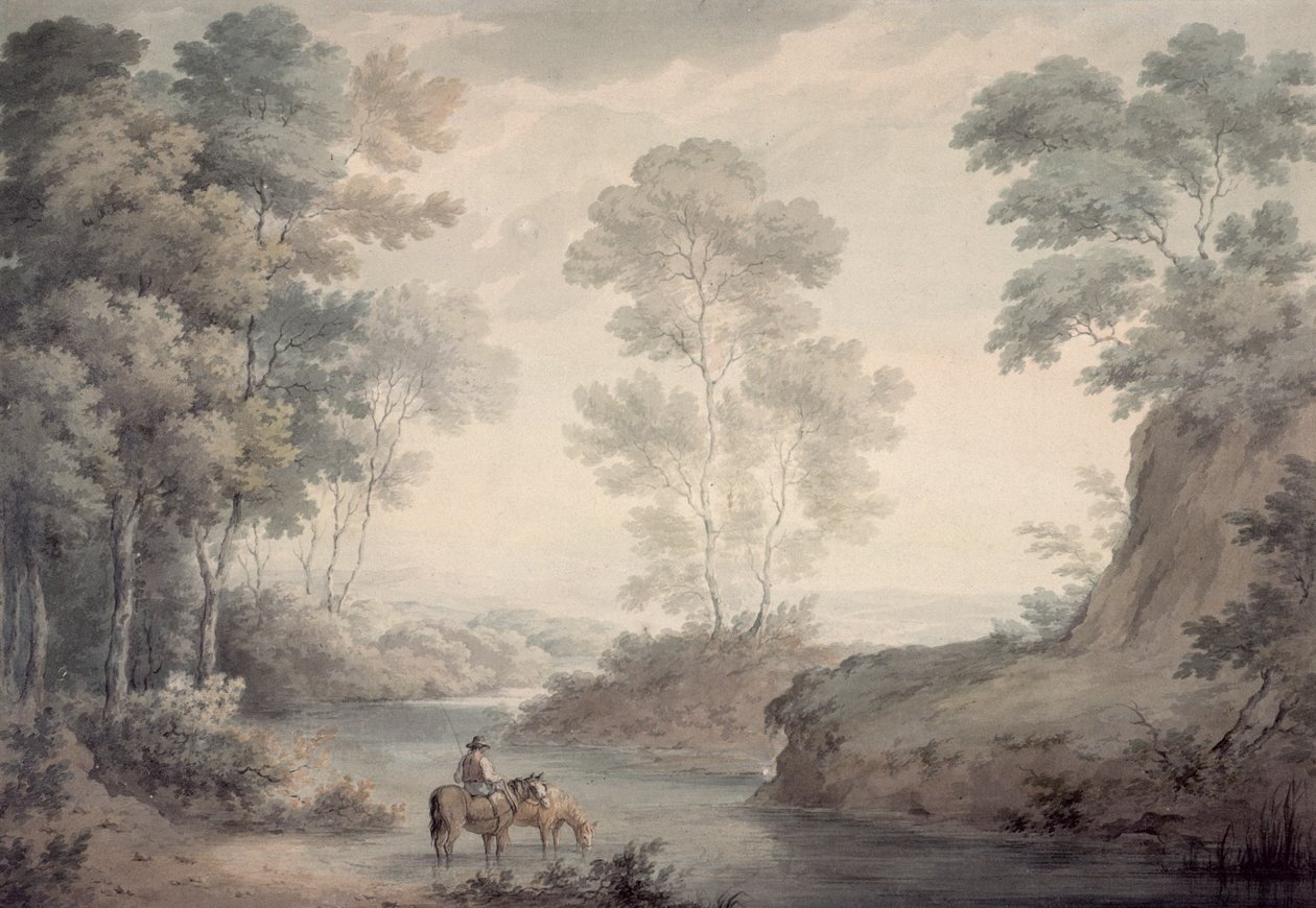 Landskap med elve- og hestevanning av George the Elder Barret