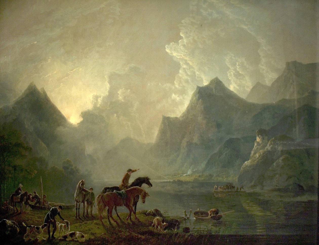 Llanberis Lake og Dolbadarn Castle, Nord-Wales, 1777 av George the Elder Barret