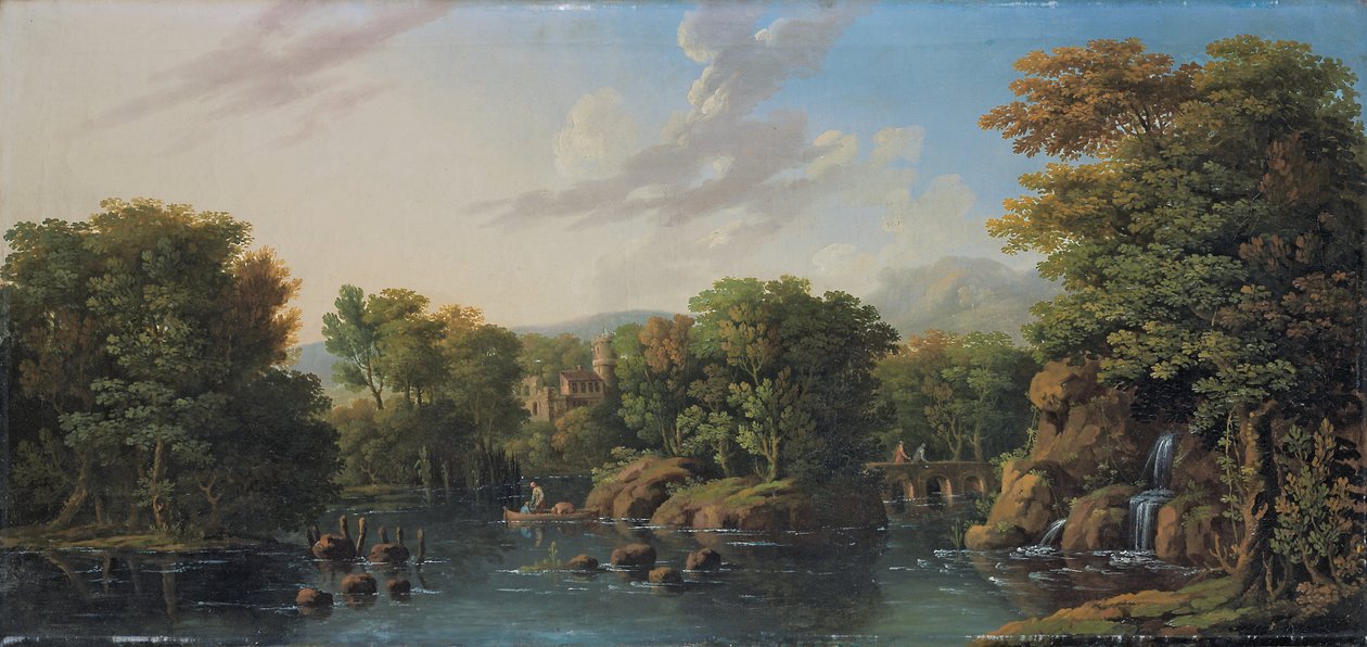 Skogkledd elvelandskap av George the Elder Barret
