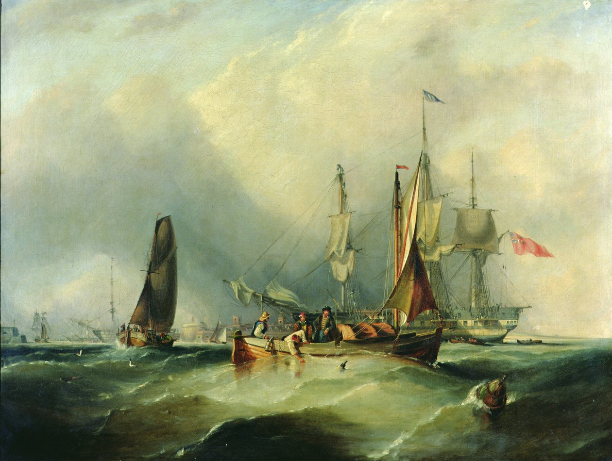 En Man-o'-War og fiskebåter utenfor Southsea av George the Elder Chambers