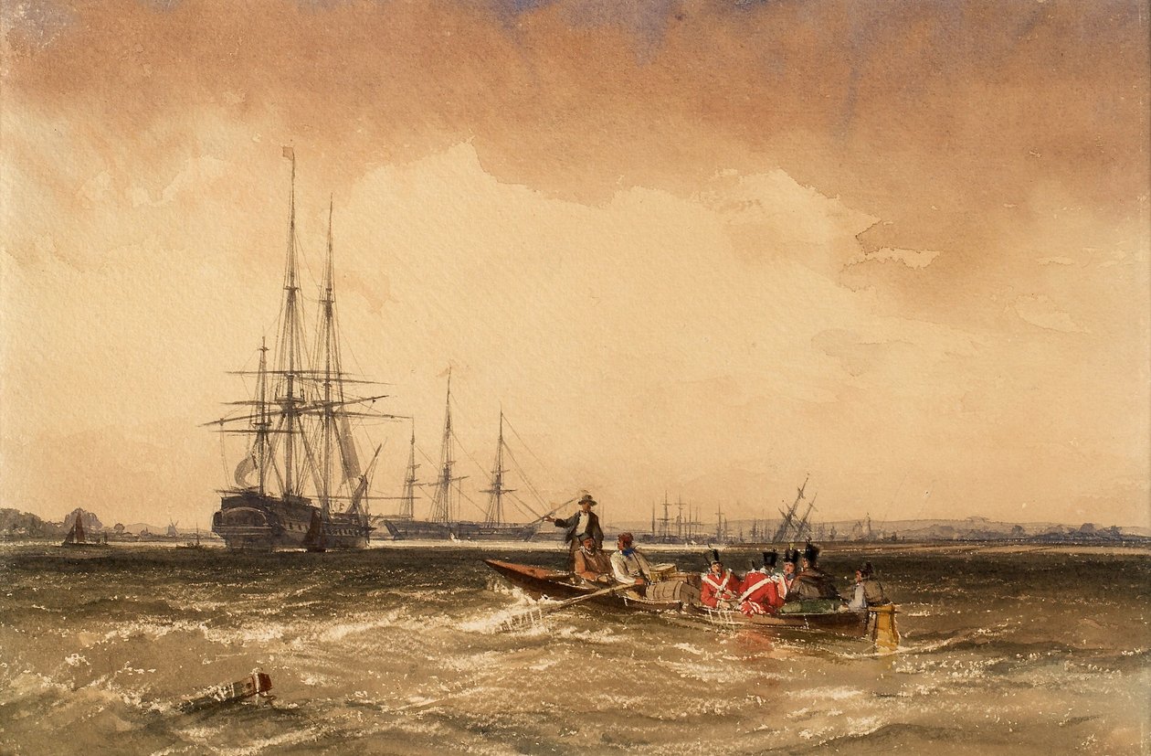 På Medway (Marinesoldater drar ut til Indiaman, Northfleet) av George the Elder Chambers